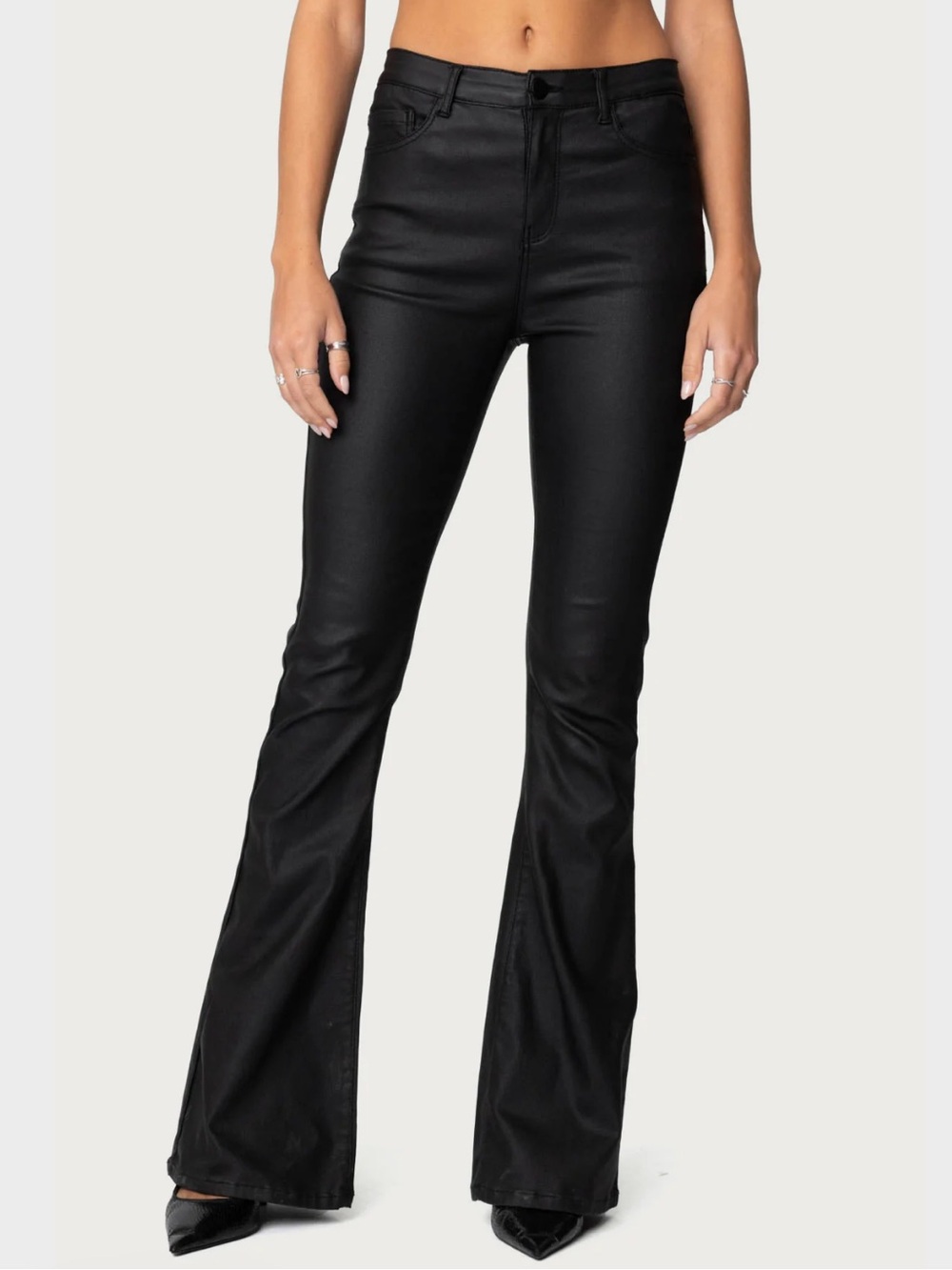 Edikted Luna Faux Leather Flare Jeans in Black